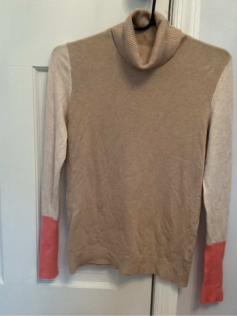 Women's Two-Tone Turtleneck Sweater - Beige with Pink Cuffs